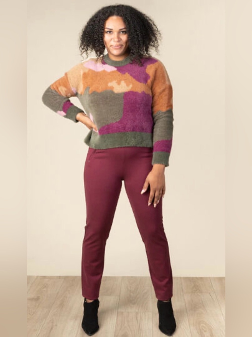 TRIBAL JEANS fuzzy intarsia crew neck sweater in ginger spice sz L